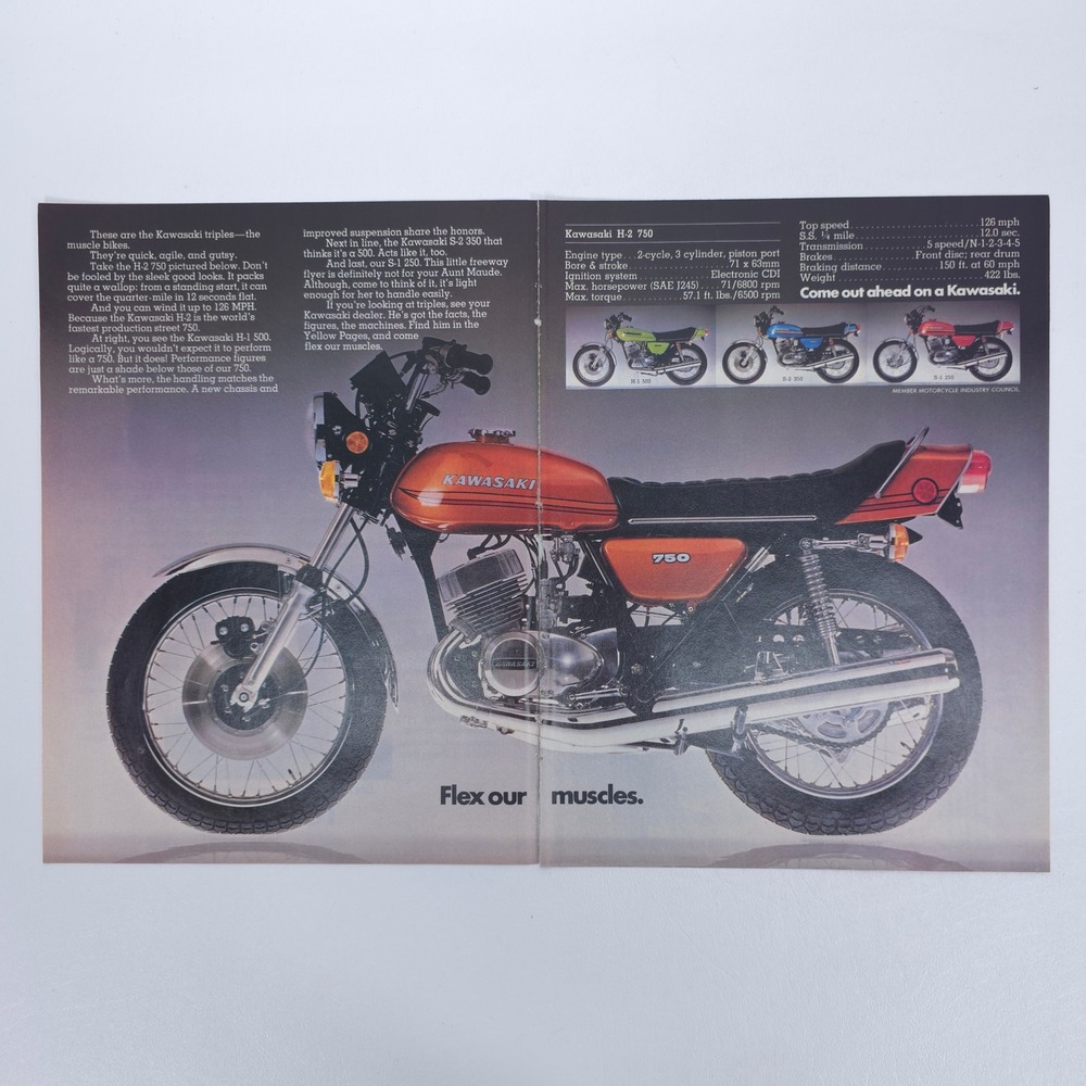 Kawasaki H2 750 Vintage Print Ad 2 Page Muscle Bike Triple Motorcycle Art Biker